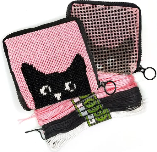 Kit de Cartera de Bordado Preimpreso para Niños, Juego de Bordado de Artes y Manualidades, Kit de Costura de Punto de Cruz (Gato)