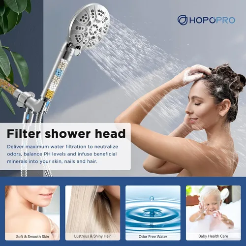 Miniatura 5 de HOPOPRO Cabezal de ducha de mano de 7 ajustes con lavado a presión integrado, cromo ABS pulido, manguera de acero inoxidable de 71 pulgadas, soporte