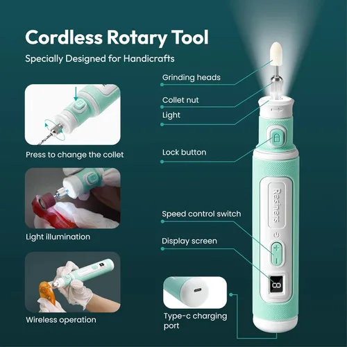 Miniatura 2 de Kit de herramientas rotativas inalámbricas Resiners, kit de taladro y pulido de resina, ajustable de 8 velocidades, carga tipo C, kit de joyería Kit