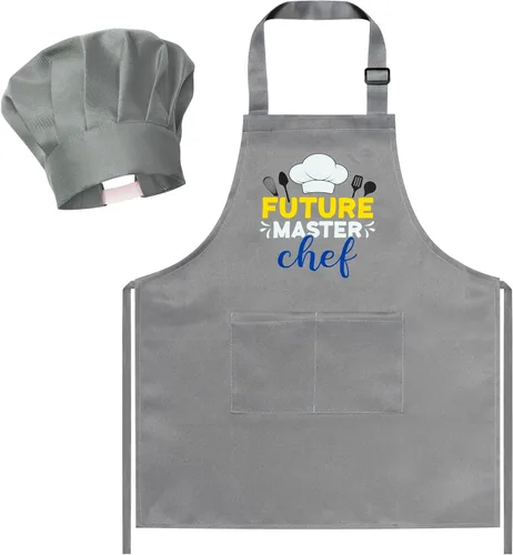 Miniatura 8 de R HORSE Juego de delantal y sombrero de chef para niños, 2 piezas, mini parrilla ajustable, delantal de cocina para niños, juego de rol, juguete