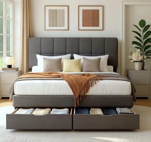 Miniatura 9 de Pipishell Base de cama tapizada de tamaño matrimonial con cabecera ajustable de 3 alturas, base de colchón totalmente tapizada, fuerte capacidad