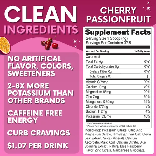 Miniatura 2 de Zero Sugar - Polvo de electrolitos de cereza y maracuyá - Hidratación refrescante - Energía sin cafeína con todos los ingredientes naturales