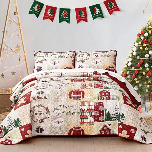 DJY Juego de Edredón de Navidad Tamaño King, Juego de Colcha Coverlet de Retazos de Muñeco de Nieve de Pan de Jengibre 3 Piezas Edredón a Cuadros