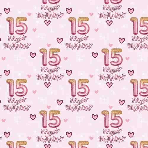 Miniatura 2 de RUSPEPA Papel de regalo de cumpleaños número 15 para niña, corazones y globos rosas del número 15, diseño de feliz cumpleaños, 15 años, mini rollo