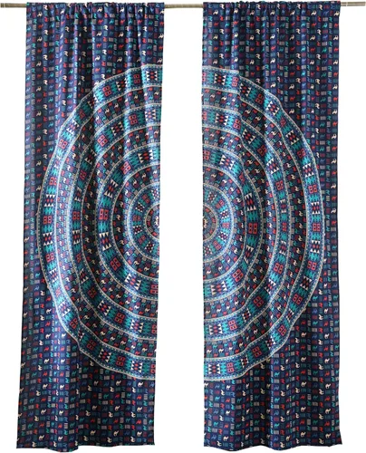 Miniatura 3 de Popular Handicrafts Cortinas hippie azul con mandala de camello de 100 pulgadas de largo para sala de estar o dormitorio, juego de 2 paneles