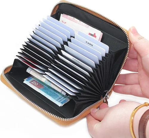 Miniatura 17 de boshiho Cartera con bloqueo RFID de 24 ranuras para tarjetas de crédito, de piel auténtica, organizador de múltiples tarjetas, con cremallera
