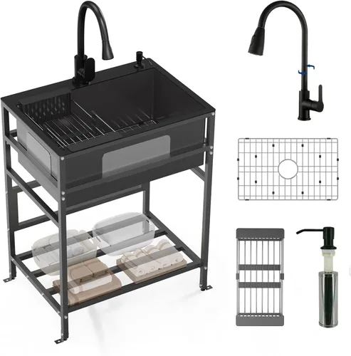 Fregadero utilitario negro, fregadero de lavandería independiente de acero inoxidable de 25x18 pulgadas, practicidad con accesorios: grifo negro,