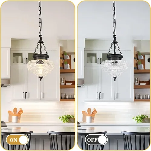 Miniatura 7 de Lámpara colgante vintage, luces colgantes negras mate para isla de cocina con vidrio grueso único, accesorios de iluminación colgantes con cadena