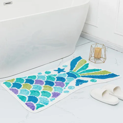 Bonita alfombra de baño de sirena, divertida alfombra de baño con forma de cola de pez océano azul, escamas de sirena, para baño, antideslizante,