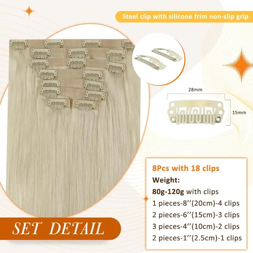 Miniatura 3 de Full Shine Extensiones de cabello humano con pinzas, cabello humano Remy invisible para mujer, color rubio platino, 20 pulgadas, 8 unidades, 4.23 oz