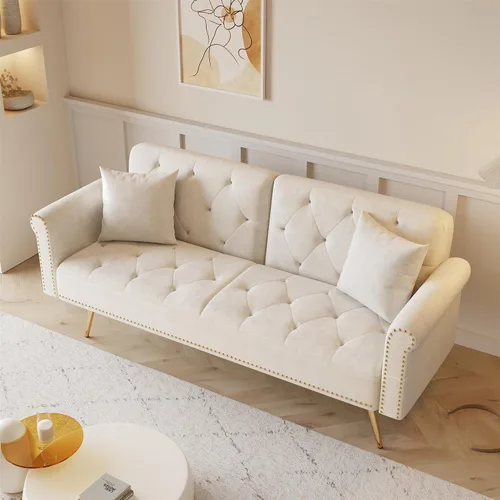 Miniatura 8 de Sofá cama tapizado de terciopelo, sofá cama convertible con dos almohadas para sala de estar, dormitorio, oficina en casa (beige)