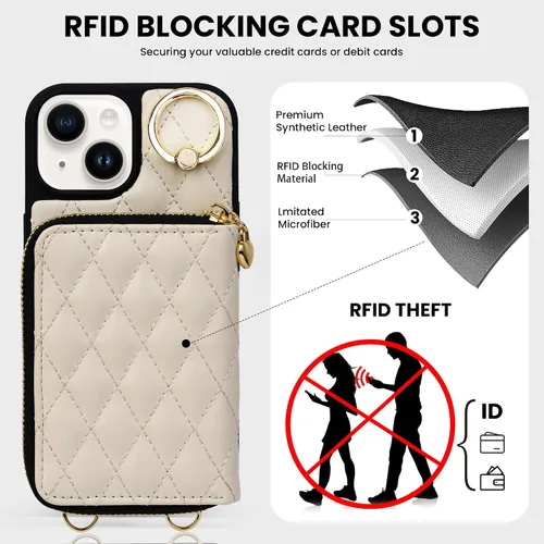 Miniatura 4 de Funda tipo cartera para iPhone 15 de 6.1 pulgadas, bolso cruzado con cremallera y correa para la muñeca con cordón para mujer, tarjetero con bloqueo