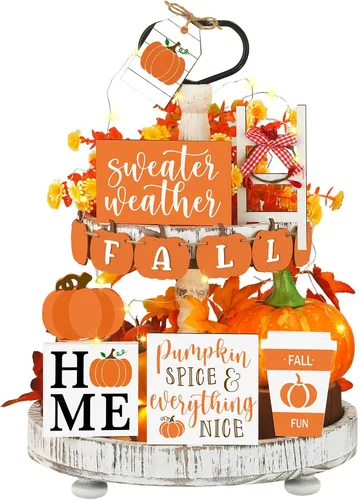 Sumind Juego de 15 piezas de decoración de bandejas escalonadas de Acción de Gracias, decoraciones de otoño para el hogar, letreros de madera de