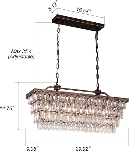 Miniatura 3 de Wellmet Candelabro de cristal para comedor, lámpara de techo rectangular de cristal de bronce antiguo de 30 pulgadas, 4 luces, iluminación de isla