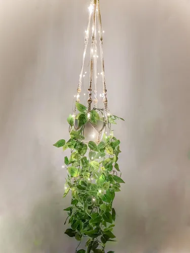 Miniatura 8 de Paquete de 2 colgadores de macramé para plantas con luces, cesta colgante para macetas de interior con cuentas de madera, soporte para macetas