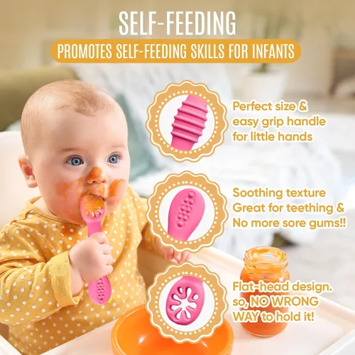 Miniatura 5 de HippoBaby Juego de 4 cucharas de silicona para bebé autoalimentación Utensilios para bebé 6-12 meses - 3 cucharas para bebé - 1 tenedor para bebé
