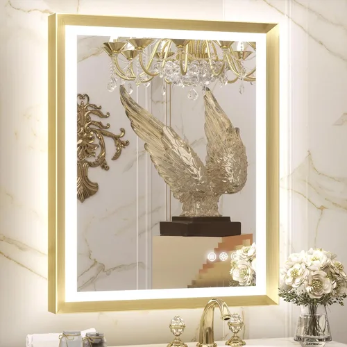 Miniatura 11 de TETOTE Espejo LED dorado para baño, marco de metal de 20 x 28 pulgadas, espejo de tocador iluminado frontal y retroiluminado, barroco, antiniebla