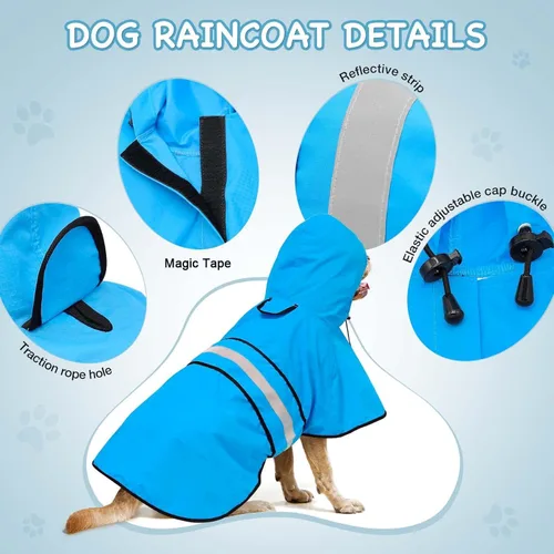 Miniatura 2 de Impermeable ajustable impermeable para perros, chaqueta reflectante para perros con capucha, abrigo ligero para lluvia para perros pequeños, Azul