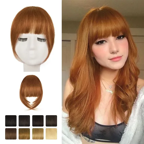 Miniatura 8 de BARSDAR Flequillo postizo de pelo humano real - Flequillo postizo 100% pelo humano para mujeres - Extensiones de flequillo ondulado castaño rojizo