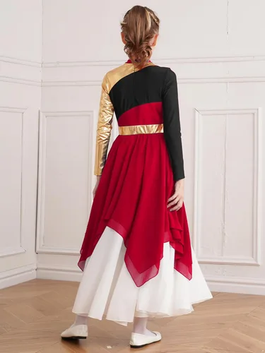 Miniatura 6 de JEATHA Vestido tipo túnica asimétrica de alabanza metálica brillante de manga larga para niños y niñas, disfraz de baile contemporáneo lírico
