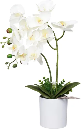 Miniatura 8 de Ohmywor Flores artificiales de orquídea naranja, arreglos de falaenopsis falsas, flores de orquídea de otoño con maceta blanca de 18.9 pulgadas