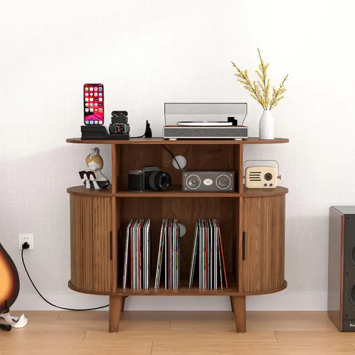 Miniatura 3 de LUVIOHOME Soporte redondo para tocadiscos, mesa de tocadiscos de mediados de siglo, estante para tocadiscos de vinilo con salida de corriente