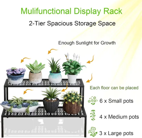 Miniatura 2 de aboxoo Soporte de metal para plantas de 2 niveles en maceta, soporte múltiple para macetas, estante para plantas de interior, múltiples plantas