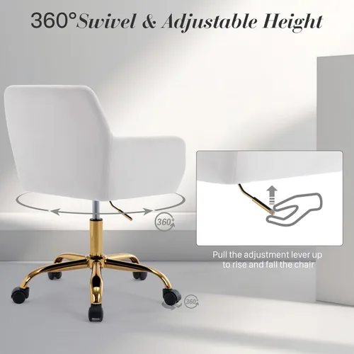 Miniatura 4 de Silla de escritorio de pelo sintético giratoria 360°, silla de oficina ajustable en altura con base dorada para adolescentes, mujeres y niñas, silla