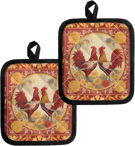 Miniatura 17 de Juego de soportes para macetas de flores rojas de pollo blanco y negro, resistentes al calor, almohadillas calientes para horno, antideslizantes