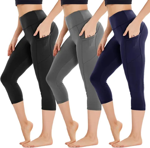 HIGHDAYS Paquete de 3 leggings capri para mujer con bolsillos, pantalones de cintura alta para entrenamiento, correr, yoga