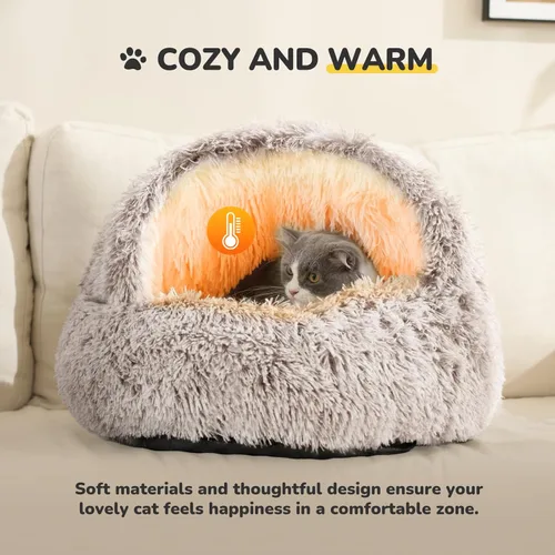 Miniatura 5 de CATISM Cama de felpa con capucha para gatos, nido relajante, cueva autocalentable, cómoda cápsula para gatos de interior o perros pequeños, cala