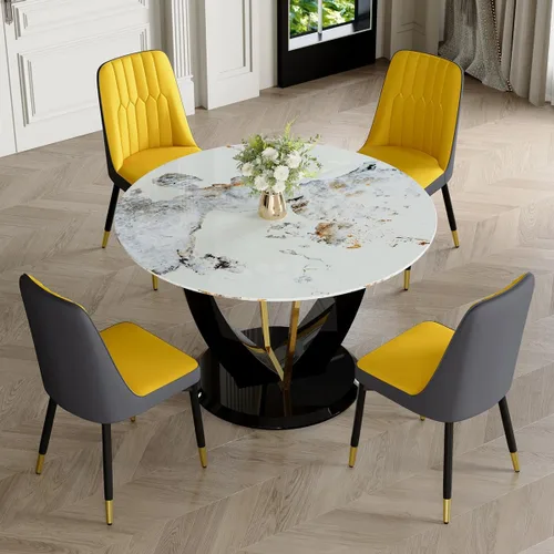 Miniatura 45 de Juego de mesa de comedor redonda para 4, mesa moderna de 48" con tapa de mármol sintético falso y pedestal brillante negro, juego de mesa de cocina