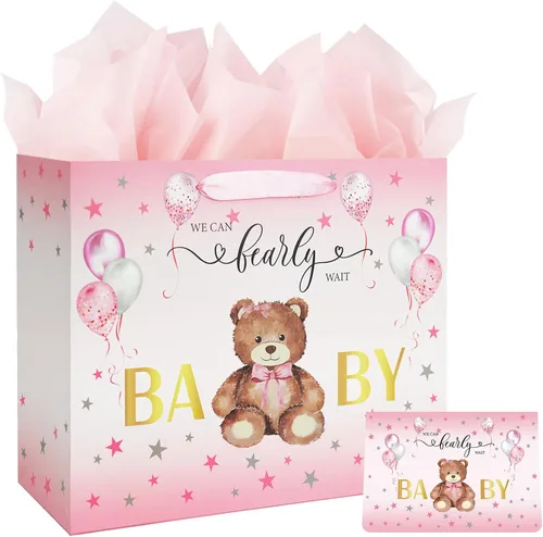Miniatura 7 de Laidans Bolsa grande de regalo de cumpleaños para baby shower de 13 pulgadas para niño con papel de seda y tarjeta, globos azules, diseño de oso