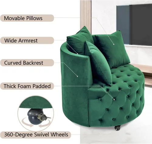 Miniatura 5 de Silla giratoria de barril de terciopelo con 3 almohadas y 4 ruedas, sofá de 360 grados, moderna silla tapizada con botones para sala de estar, Verde