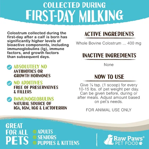 Miniatura 4 de Raw Paws Calostro bovino para mascotas para perros para alergias y apoyo inmunológico (5 onzas) - Fabricado en Estados Unidos - Calostro para gatos