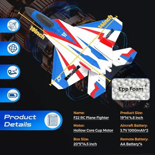 Miniatura 7 de Avión RC de 4 canales con luces Avión RC F22 con estabilizador de giroscopio de 6 ejes para principiantes, avión de control remoto para adultos 37