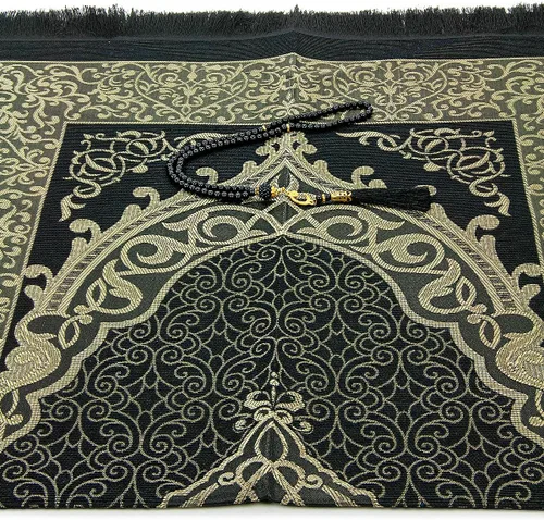 Miniatura 4 de ihvan online Alfombra de oración musulmana con 99 cuentas Tasbih y bolsa de viaje, tafetán suave sajadah, ligero y plegable, tapete de oración Negro