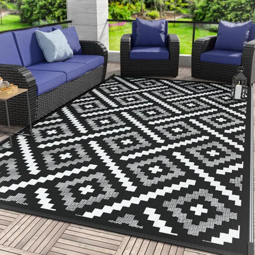 Miniatura 52 de GENIMO Alfombra de exterior impermeable de 5 x 8 pies, alfombras reversibles, alfombra de área, alfombra de plástico para exteriores, alfombra Negro