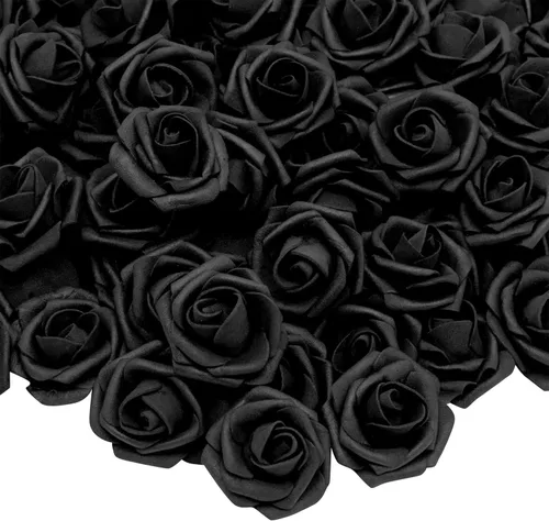 Bright Creations Paquete de 100 flores artificiales negras, flores falsas de espuma para decoraciones de Halloween, manualidades, ramos y fiestas