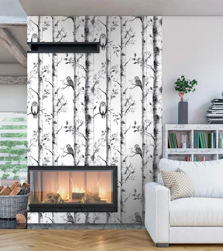 Miniatura 5 de Papel tapiz de abedul para despegar y pegar, papel tapiz de búho, vinilo autoadhesivo en blanco y negro, para decoración del hogar, 17.7 x 118