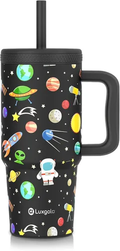 Miniatura 10 de Taza para niños de 24 onzas con asa, tapa de rosca a prueba de fugas con pajita de silicona extraíble, a prueba de derrames, botella aislada