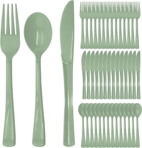 Miniatura 8 de Juego de 300 cubiertos de plástico verde resistente, desechables, incluye 100 tenedores de plástico, 100 cuchillos, 100 cucharas para cumpleaños
