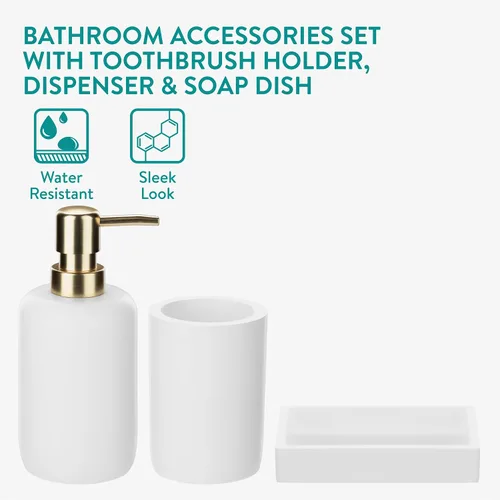 Miniatura 4 de Navaris Juego de accesorios decorativos de baño, kit de accesorios de baño de 3 piezas con soporte para cepillo de dientes, dispensador de jabón