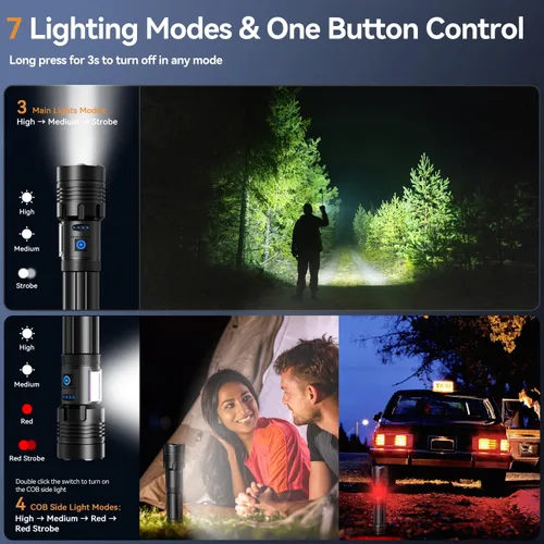 Miniatura 4 de Linterna Wohingo Recargable 2000 Altos Lúmenes IPX6 Impermeable Super Brillante con 7 Modos y Luz Lateral COB, Luz de Mano Ampliable Más Brillante