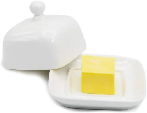 Miniatura 9 de NAGU Mini plato de mantequilla ovalado con tapa, plato de queso blanco con forma de procelain abovedado con asa, bandeja de mantequilla pequeña