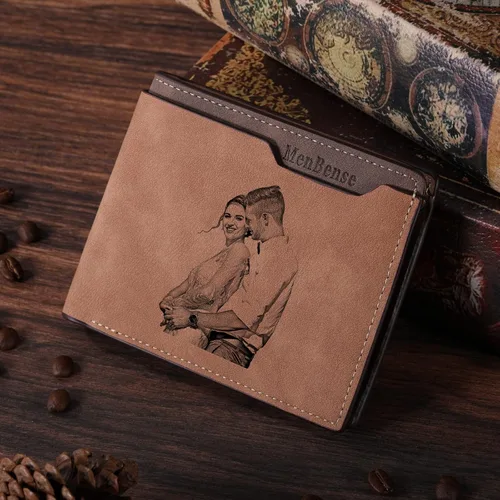 Miniatura 4 de INBLUE Billetera plegable grabada personalizada, cartera de cuero personalizada con foto y texto grabado, regalos para hombres, marido, papá, hijo