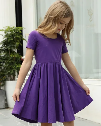 Miniatura 3 de Stelle Vestido de patinadora de manga corta para niños y niñas, casual, acampanado, para fiesta escolar, 3-12 años, Blanco