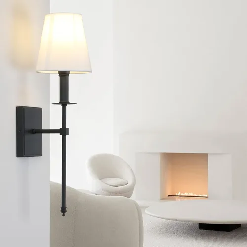 Miniatura 2 de PERMO - Juego de 2 lámparas de pared industriales rústicas clásicas con pantalla de tela blanca acampanada y soporte de columna cónico negro