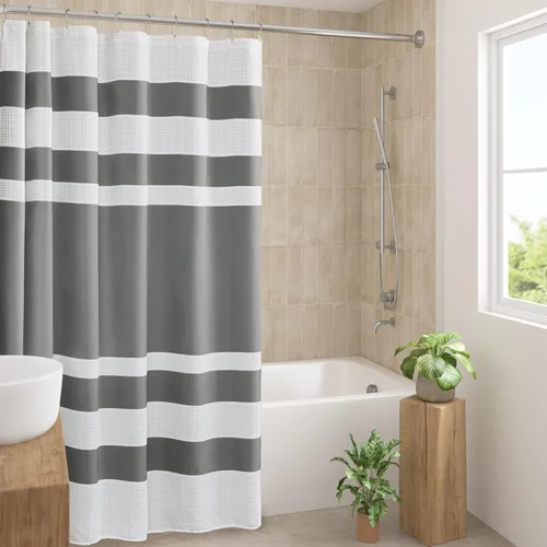 Miniatura 49 de Madison Park Cortina de ducha de tejido waffle con diseño a rayas en piezas, cortina de ducha de tela para baño con gestión de humedad 3M Rayas Taupe