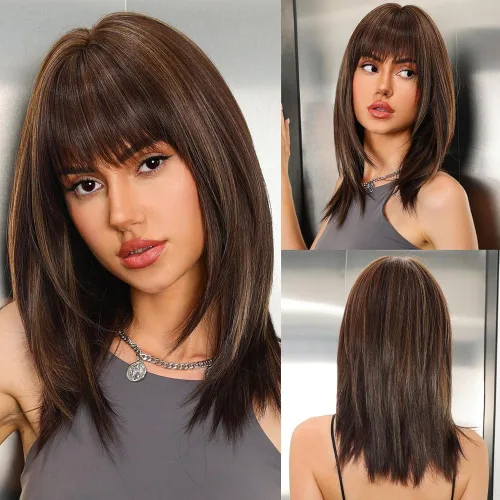 Miniatura 14 de Pelucas rubias cenizas para mujer, peluca larga recta en capas con flequillo, cabello sintético natural con raíces oscuras